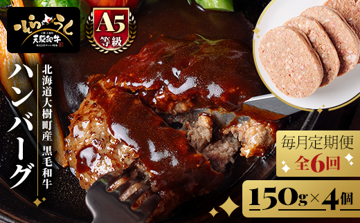 【毎月定期便】「天駆和牛(そらうし)」ハンバーグ 150g×4個 A5ランク黒毛和牛使用全6回【配送不可地域：離島】【4085968】