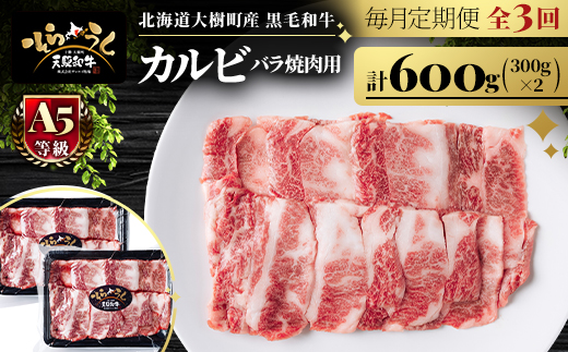 【毎月定期便】「天駆和牛(そらうし)」カルビ バラ焼肉用 600g(300×2) A5黒毛和牛全3回【配送不可地域：離島】【4086230】