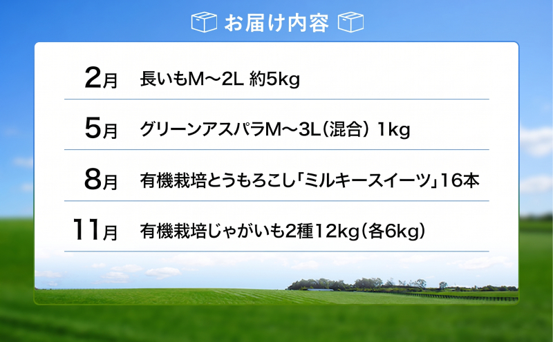 十勝幕別の定期便 旬野菜 年4回お届け（長いも・アスパラガス・とうもろこし・じゃがいも）【 長芋 アスパラ コーン いも ジャガイモ 産地直送 定期便 北海道 十勝 幕別 】