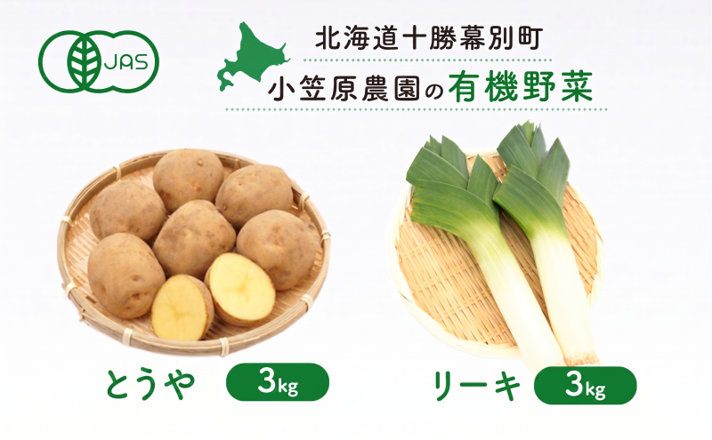 小笠原農園の有機野菜 2種詰合せ（とうや3kg・リーキ3kg）北海道 十勝 幕別《2026年秋出荷先行予約》【 野菜 芋 じゃがいも とうや ねぎ ネギ ポロネギ リーキ セット 】