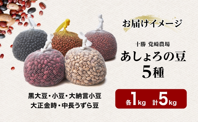 北海道 令和5年産 あしょろの豆 5種 1kg×各1袋 計5kg 小豆 黒大豆 大納言小豆 大正金時 中長うずら豆 豆 十勝 和菓子 和食 詰め合わせ 常温 お取り寄せ 党崎農場 送料無料