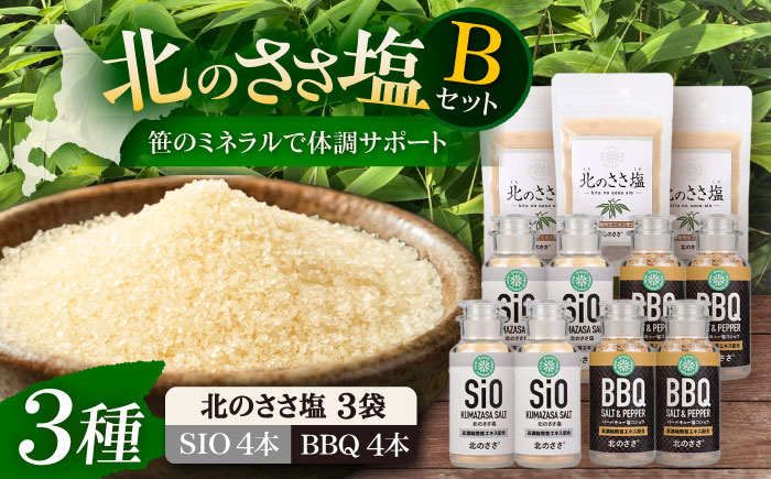 北のささ塩 Bセット（北のささ塩100g×3袋・SIO75g×4本・BBQ75g×4本）《足寄町》【株式会社北のささ】塩 しお ソルト 卓上 黒コショウ 料理 調味料 おにぎり アウトドア 北海道産 あしょろ 北海道 [BEAR004]