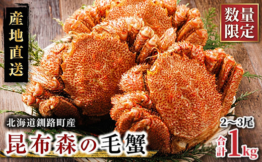 【12/21まで年内お届け】 数量限定 北海道昆布森の 毛蟹 1kg 2～3尾 ボイル済み 下茹で 冷凍|入手困難 北海道産 毛ガニ ケガニ けがに カニ味噌 希少 魚介類 高級 セット 旬 釜茹で 年内配送 年内発送 北海道 釧路町 釧路超 特産品
