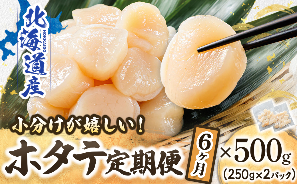 【定期便 6ケ月連続】北海道産 ホタテ貝柱 （約250g×2コ 計500g） 帆立 ホタテ ほたて 貝柱 冷凍 刺身 刺し身 小分け ホタテ貝柱 刺身ホタテ 刺身 冷凍 セット 産地直送 魚介類 海鮮 絶品 人気 ヒロセ 100000以上 定期便 6回 6か月 海鮮定期便 北海道 釧路町 釧路超 特産品