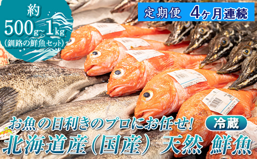 【定期便 4ケ月連続】 お魚の目利きのプロにお任せ！北海道産（国産） 天然 鮮魚 約500g〜1kg（釧路の鮮魚セット） 産地直送 冷蔵 冷蔵便 刺身 セット 鮮魚セット 鮮魚ボックス 定期便 魚介類 海鮮 絶品 人気 ヒロセ 北海道 釧路町 釧路超 特産品