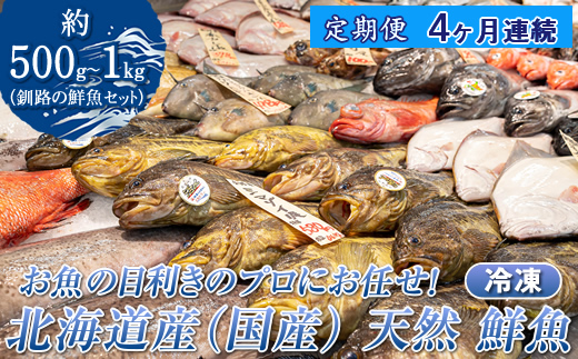 【定期便 4ケ月連続】 お魚の目利きのプロにお任せ！北海道産（国産） 天然 鮮魚 約500g〜1kg（釧路の鮮魚セット） 鮮魚 刺身 セット 産地直送 定期便 冷凍 冷凍便 魚介類 海鮮 絶品 人気 ヒロセ 北海道 釧路町 釧路超 特産品