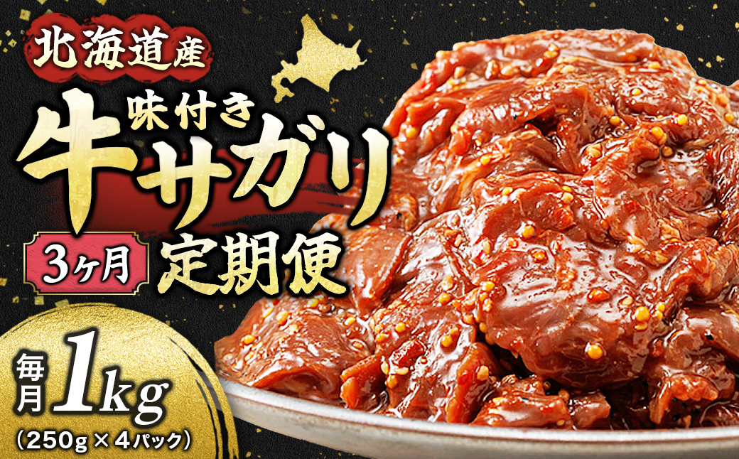 【定期便 3ヶ月連続】 北海道産 味付き 牛サガリ 1kg （250g×4パック） 小分け 国産 希少 牛肉 焼肉 サガリ ハラミ 牛 牛ハラミ 焼き肉 BBQ bbq 一人暮らし セット おかず 牛サガリ丼 ホルモン 冷凍 焼肉食材専門店 トリプリしおた 定期便 3ヶ月 3回 北海道 釧路町 釧路超 特産品