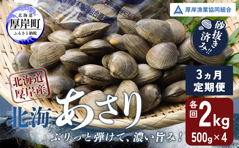 砂出し済み！ 北海道 厚岸産 北海あさり 2kgお届け (500g×4パック) 【 3ヵ月 定期便 】 (各回2kg×3ヶ月分,合計約6kg)