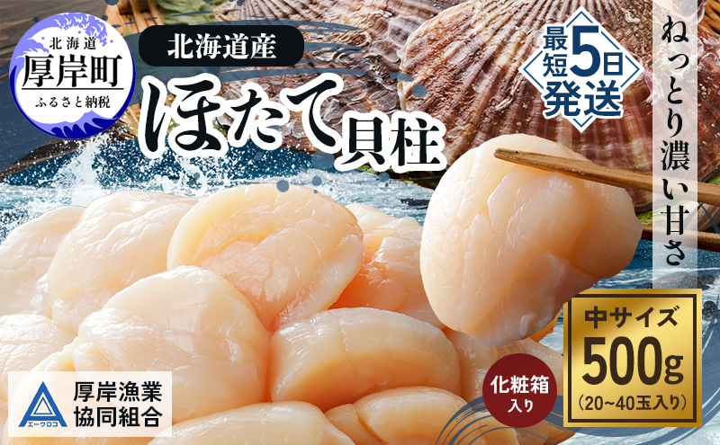 【3D冷凍】北海道産　ほたて貝柱500g 化粧箱入り 中サイズ 20～40玉入 帆立 ホタテ 玉冷 魚貝類 肉厚 新鮮 高品質 北海道産ほたて 刺身 バター焼き フライ マリネ