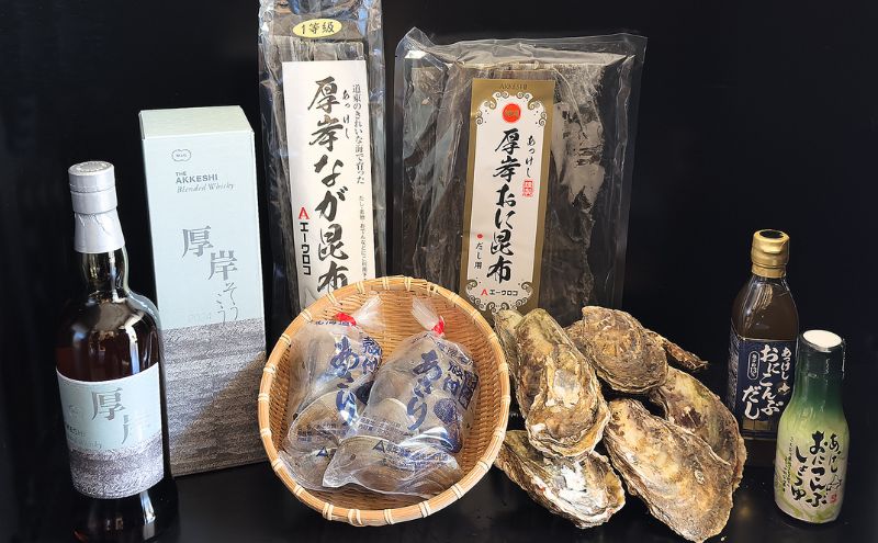 厚岸 ブレンデッド ウイスキー 「 霜降 」＆ 厚岸海の幸 セット　牡蠣 あさり 昆布 ホタテ いくら 北海道