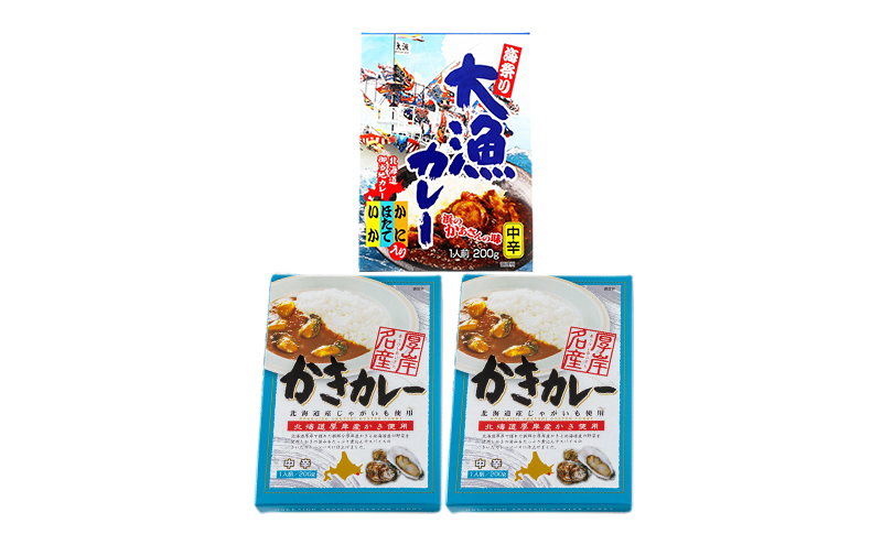 かきカレー2個 大漁カレー 1個　詰合せ 北海道 カレー カレーライス レトルト レトルトカレー レトルト食品 加工品 牡蠣 ホタテ イカ カニ 帆立