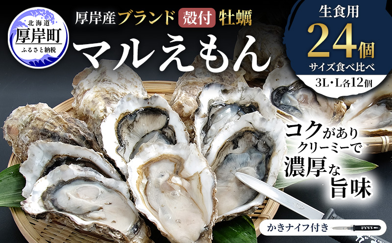 厚岸産 ブランド 殻付カキ マルえもん 生食用 サイズ食べ比べ 24個 (3L・L各12個)[ 魚貝類 生牡蠣 かき 牡蠣 カキ 生ガキ 食べ比べ ]