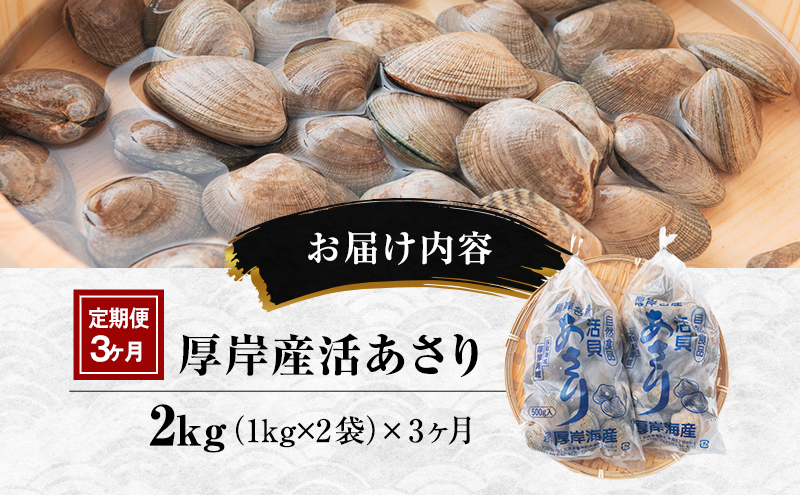 【3カ月 定期便 】訳あり 北海道 厚岸産 砂出し済み 活あさり 1kg×2 (合計2kg) 【厚岸海産】[ アサリ 魚貝 海鮮 大粒 美味しい 栄養 旨み 砂出し 水洗い 冷蔵 便利 ]