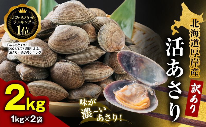 訳あり 北海道 厚岸産 砂出し済み 活あさり 1kg×2 (合計2kg) 【厚岸海産】[ アサリ 魚貝 海鮮 大粒 美味しい 栄養 旨み 砂出し 水洗い 冷蔵 便利 ]