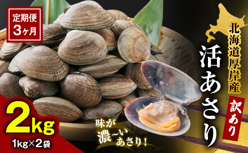 【3カ月 定期便 】訳あり 北海道 厚岸産 砂出し済み 活あさり 1kg×2 (合計2kg) 【厚岸海産】[ アサリ 魚貝 海鮮 大粒 美味しい 栄養 旨み 砂出し 水洗い 冷蔵 便利 ]