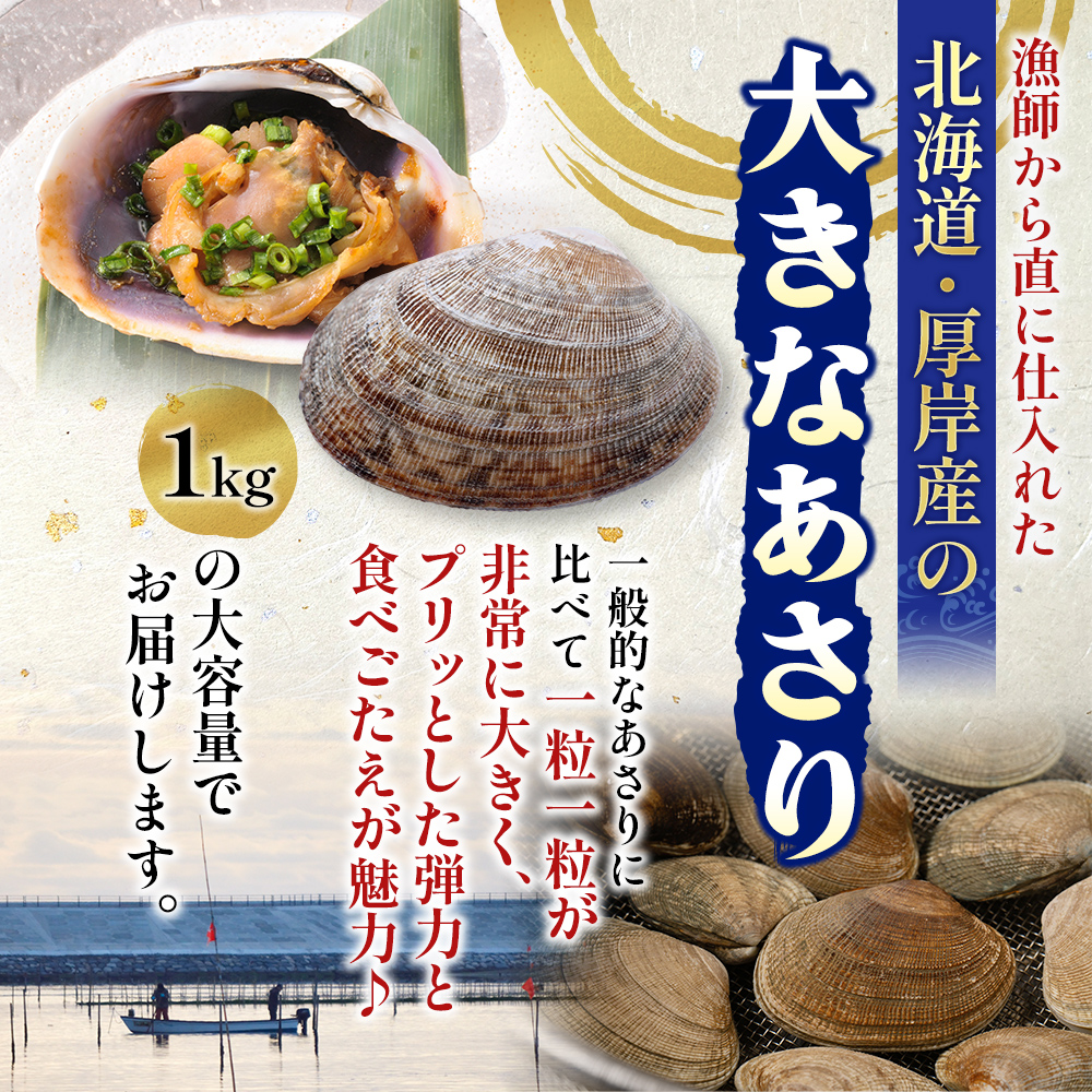 翌日配送 航空便 北海道 厚岸産 あさり 500g×2パック (合計1kg) 大中混合 アサリ 魚貝 海 美味しい 栄養 旨み 砂出し 水洗い 冷蔵 冷凍保存可能 便利