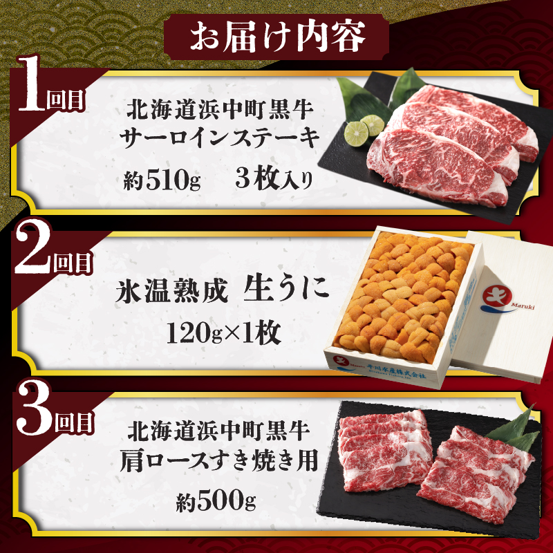 【全3回定期便（毎月お届け）】生うにを肉ではさんだ北海道浜中町定期便_H0100-003