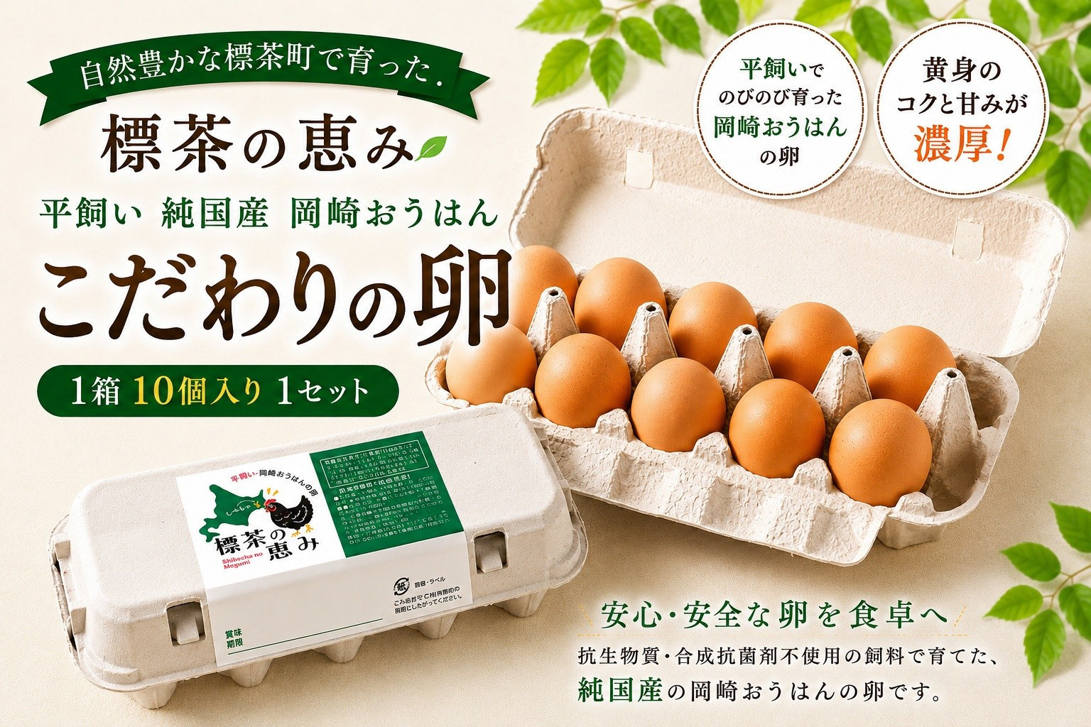標茶の恵み「平飼い 純国産 岡崎おうはん　こだわりの卵１箱 10個入り1セット」