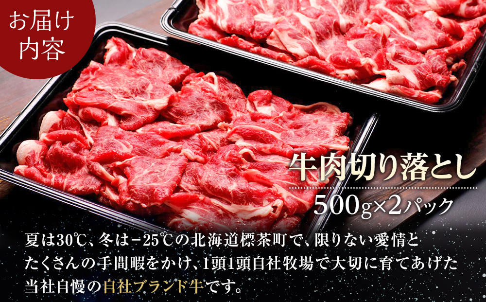 牛肉 切り落とし 北海道産 星空の黒牛 約1kg（500g×2）【 肉 にく ニク 牛肉 牛肉赤身 赤身 牛肉セット バーベキュー 冷凍牛肉 贅沢牛肉 国産牛肉 北海道産牛肉 道産牛肉 簡単 お手軽 特製牛肉 標茶町 北海道 】