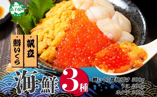 3011. 3種 海鮮丼 鱒 いくら醤油漬け 100g×5 5-6人前 ウニ チリ産 雲丹 うに 200g ホタテ 300g 帆立 いくら いくら醤油 イクラ 魚卵 海鮮 送料無料 北海道 弟子屈町