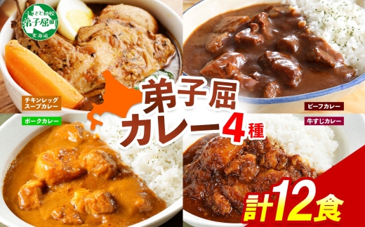 782.カレー 4種 食べ比べ 計12個 中辛 スープカレー ビーフカレー ポークカレー 牛すじカレー じゃがいも 牛 牛肉 豚肉 肉 鳥 鶏 業務用 レトルトカレー 保存食 備蓄 まとめ買い 送料無料 北海道 弟子屈町