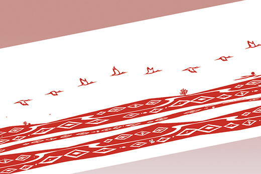 鶴居 村 デザイン てぬぐい 〈空飛ぶ 鶴 〉 赤　