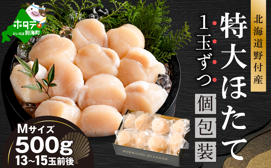北海道野付産 特大ほたて 500ｇ 個包装（13～15玉前後）（Mサイズ）【KN0000024】