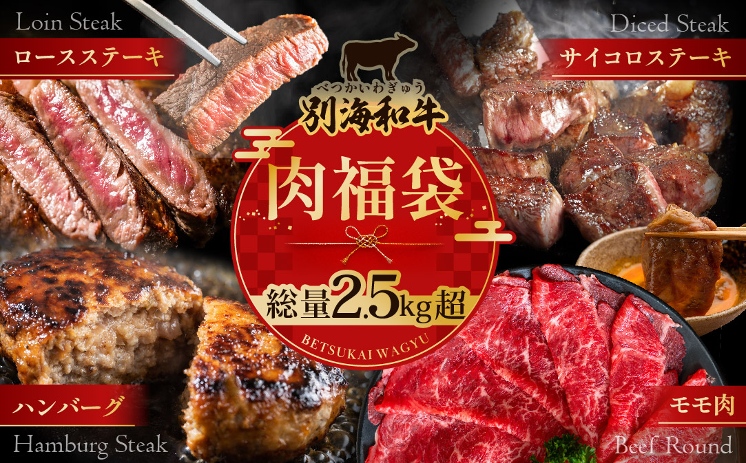 北海道 別海町 別海和牛 肉 福袋 総量 2.5kg超（モモ肉600g ハンバーグ980g（140g×7個） サイコロステーキ500g ロースステーキ500g）【FF0000028】