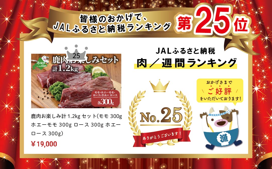 鹿肉 お楽しみ 計 1.2kg セット ( モモ300g ホエーモモ300g ロース300g ホエーロース300g ) ジビエ 北海道 鹿肉 シカ 肉 柔らか 赤身肉 赤身 北海道産 別海町【JY0000005】