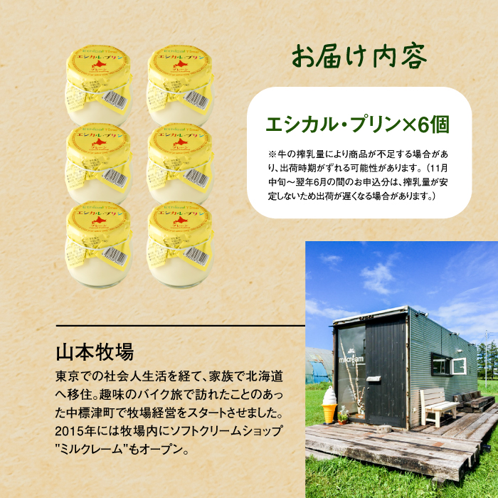 養老牛放牧牛乳使用エシカル・プリン×6個 | プリン 無添加プリン 北海道産プリン グラスフェッド牛乳 有機牛乳 放牧牛乳 低温殺菌 ノンホモ ナチュラルスイーツ てんさい糖 スイーツ 牛乳プリン お取り寄せ 北海道 中標津町 中標津【1301302】