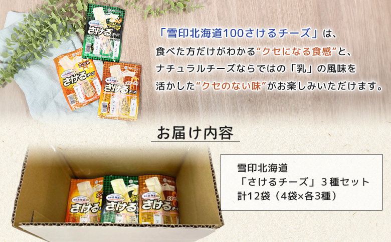 雪印 北海道 さけるチーズ ３種 セット オンライン 申請 ふるさと納税 北海道 中標津  ローストガーリック コンソメ スモーク チーズ 乳製品 クセになる おやつ おつまみ おかず 食べ比べ 中標津町【14042】