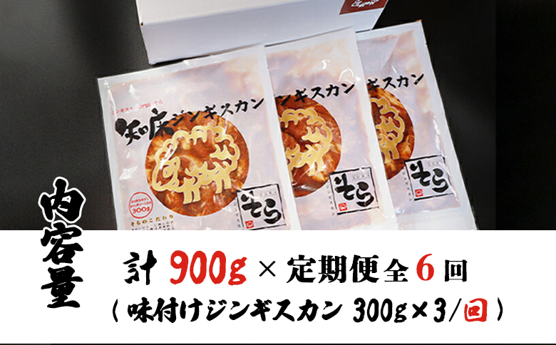 【定期便：全6回】 知床 ジンギスカン店 そら ジンギスカン 生ラム肩ロース 味付き 300g×3 計900g オンライン 申請 ふるさと納税 北海道 中標津 ラム肉 生ラム 羊肉 知床ジンギスカン 焼肉 BBQ 定期便 6ヶ月 中標津町【1601601】