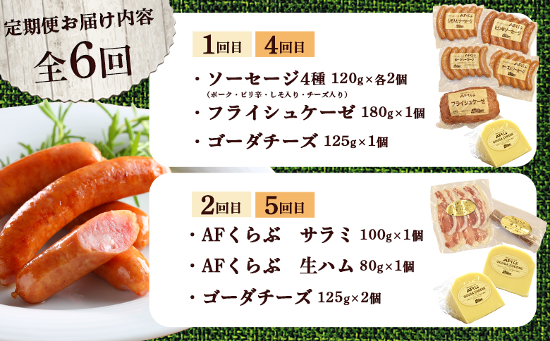 北海道 AFくらぶ 8種 よくばり セット ゴーダ チーズ　フライシュケーゼ ソーセージ 生 ハム サラミ ピリ辛 しそ ポーク 豚 肉 乳製品 加工品 おつまみ 晩酌 食べ比べ 詰め合わせ 定期便 6ヶ月 期間限定 ふるさと納税 北海道 中標津町【1701401】