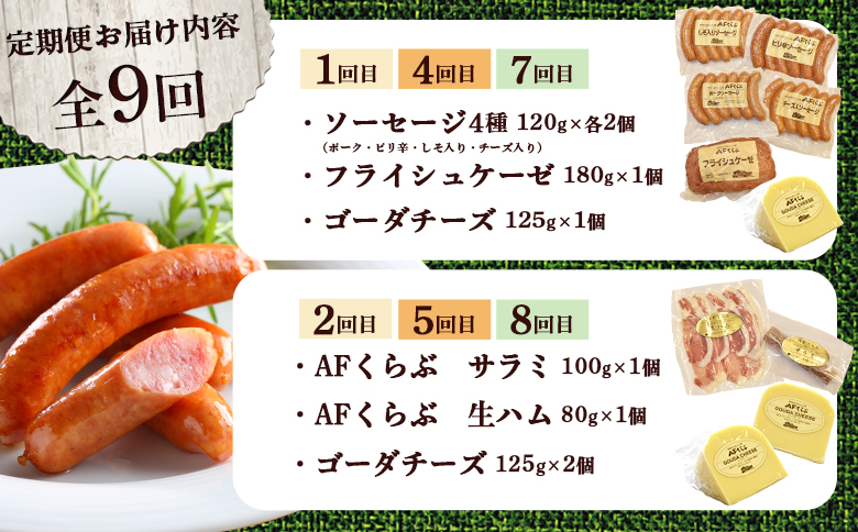 北海道 AFくらぶ 8種 よくばり セット ゴーダ チーズ　フライシュケーゼ ソーセージ 生 ハム サラミ ピリ辛 しそ ポーク 豚 肉 乳製品 加工品 おつまみ 晩酌 食べ比べ 詰め合わせ 定期便 9ヶ月 期間限定 ふるさと納税 北海道 中標津町【1701501】