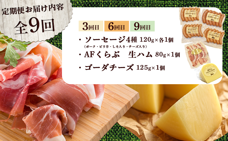 北海道 AFくらぶ 8種 よくばり セット ゴーダ チーズ　フライシュケーゼ ソーセージ 生 ハム サラミ ピリ辛 しそ ポーク 豚 肉 乳製品 加工品 おつまみ 晩酌 食べ比べ 詰め合わせ 定期便 9ヶ月 期間限定 ふるさと納税 北海道 中標津町【1701501】