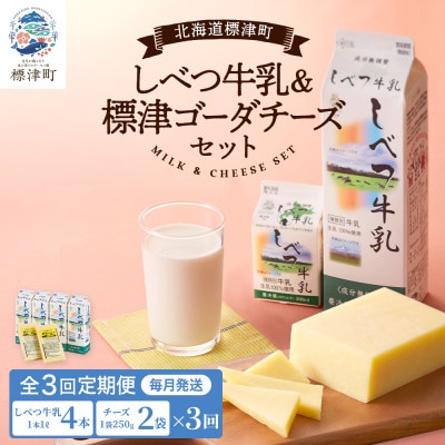 【毎月定期便】【3ヶ月定期便】しべつ牛乳4本・標津ゴーダチーズ2袋セット　北海道 詰め合わせ全3回【配送不可地域：離島】【4067105】