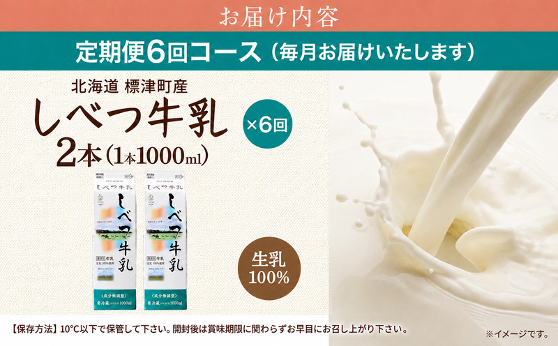 【全6回定期便】【毎月2本】 しべつ牛乳 1L × 2本 北海道産 パックミルク 定期便 牛乳 乳製品 生乳 生乳100% 国産 ミルク みるく ぎゅうにゅう 乳 標津 しべつ 成分無調整 無調整 1l 1リットル 健康 朝食 飲料 パック 3万円 台 おすそ分け 給食 グラタン パスタ 北海道 標津町