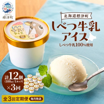 【毎月定期便】しべつ牛乳アイス12個　アイスクリーム 無添加 詰め合わせ全3回【配送不可地域：離島】【4067118】