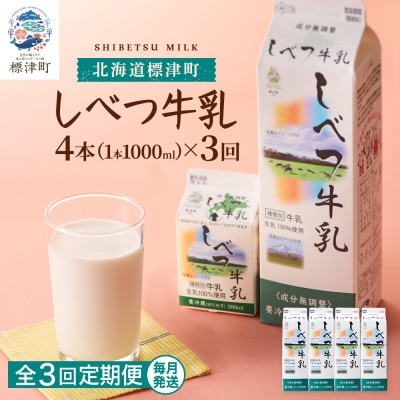 【毎月定期便】【3ヶ月定期便】しべつ牛乳1L×4本　北海道 パックミルク 美味しい全3回【配送不可地域：離島】【4067096】