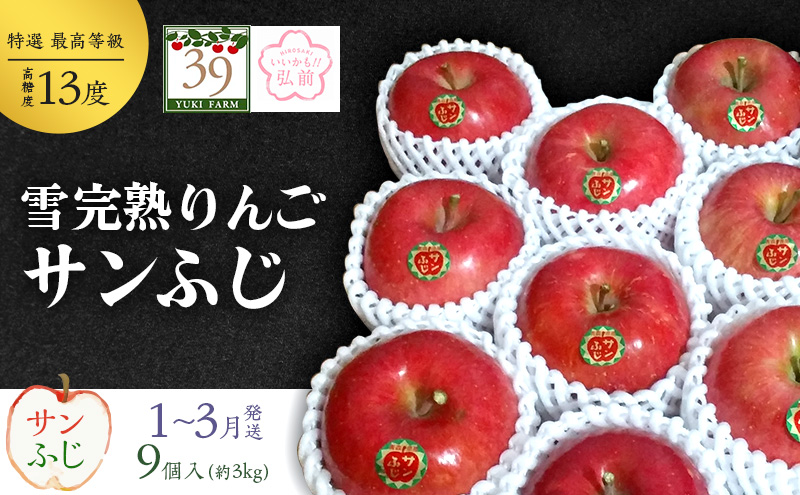 りんご 【 数量限定 】1～3月発送 雪完熟りんご 最高等級 糖度13度以上 「特選」 サンふじ 約 3kg 9個入り【 弘前市産 青森りんご 】