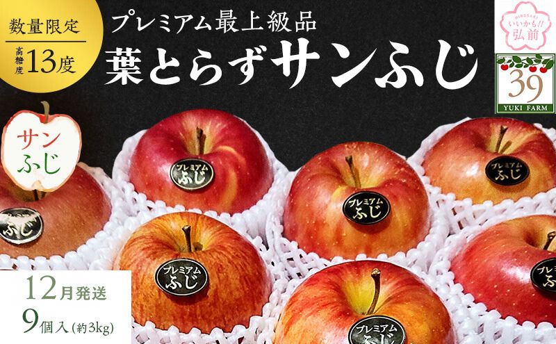 りんご 【 数量限定 】12月発送 蜜入り 糖度13度以上 「特選」 プレミアム 葉とらずサンふじ 約 3kg 9個入り【 弘前市産 青森りんご 】