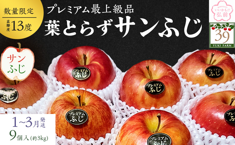 りんご 【 数量限定 】1～3月発送 糖度13度以上  「特選」プレミアム 葉とらずサンふじ 約 3kg 9個入り【 弘前市産 青森りんご 】