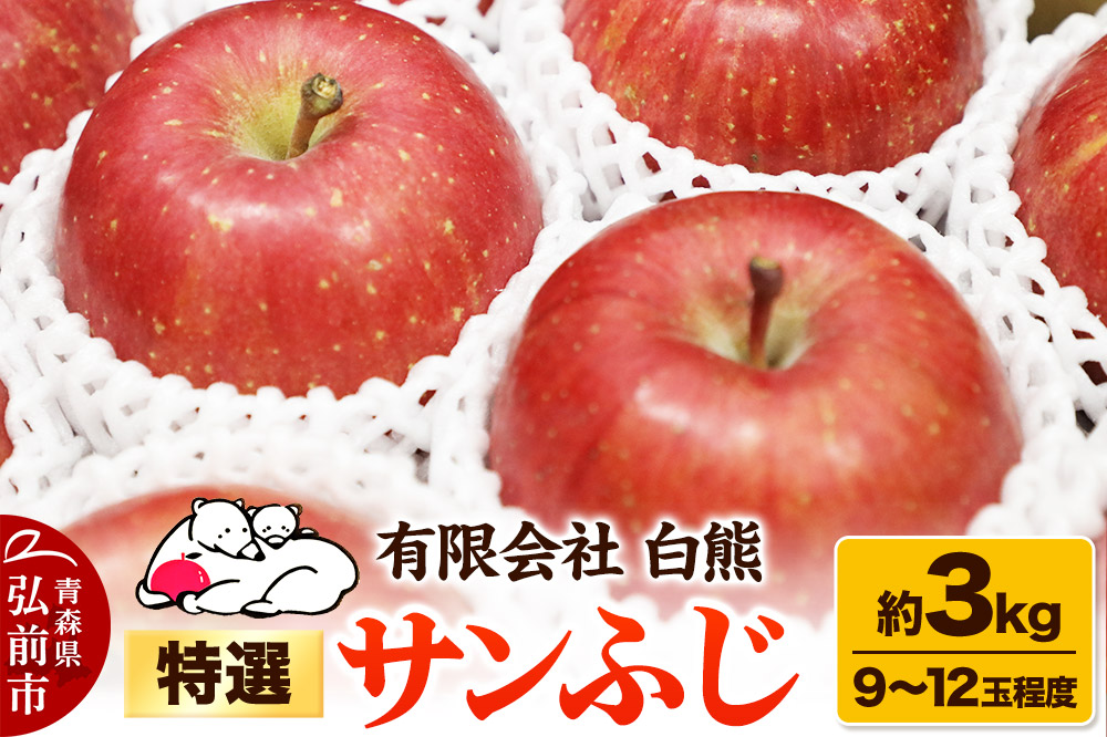 【26年1月発送・先行受付】りんご 特選 白熊 サンふじ 絆 約3kg（9〜12玉程度）糖度13度