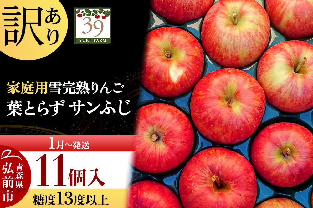【27年1月〜発送】りんご 葉とらず サンふじ【訳あり】11個 糖度13度以上 雪完熟【数量限定】家庭用 先行受付 青森県 弘前市 果物 フルーツ 林檎 リンゴ くだもの 不揃い 規格外 [先行予約 産地直送 アップル おいしい 果実 美味 甘い 赤色]