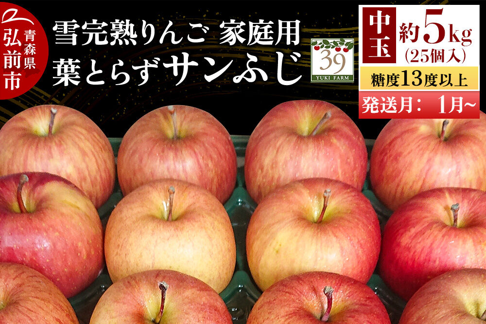 【27年1月〜発送】りんご 葉とらず サンふじ【家庭用】約5kg（25個入）中玉 糖度13度以上 雪完熟【数量限定】家庭用 自然 青森県 弘前市 果物 フルーツ 林檎 不揃い 規格外 [先行予約 産地直送 アップル おいしい 果実 美味 甘い 赤色]