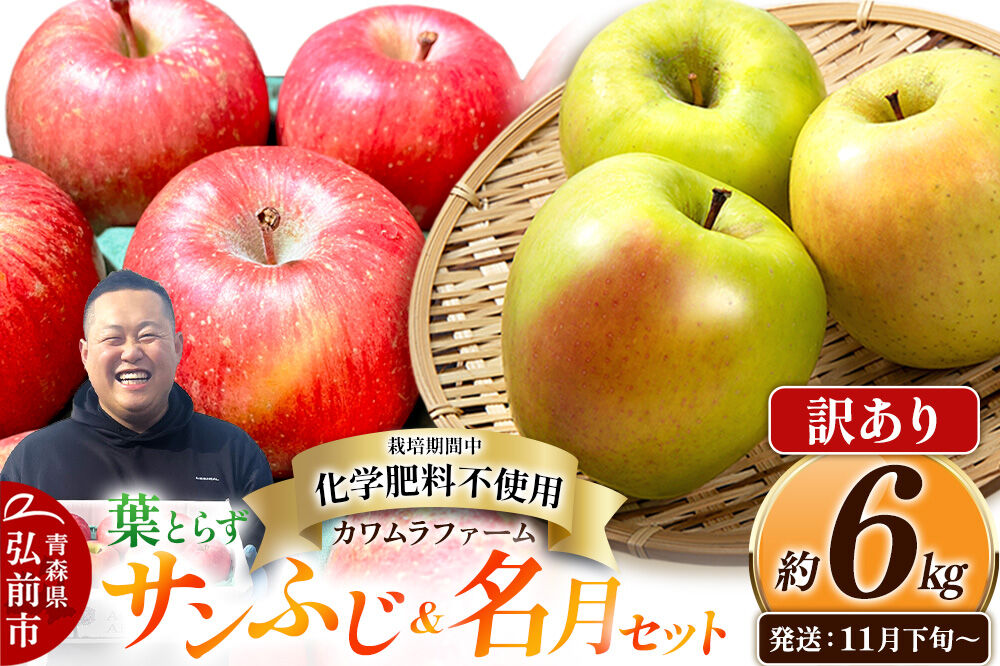 【26年11月下旬〜発送】りんご 葉とらず サンふじ＆名月 セット【訳あり】約6kg【先行受付】カワムラファーム 青森県 弘前市 果物 フルーツ 林檎 リンゴ くだもの 不揃い 規格外 [先行予約 産地直送 詰め合わせ アップル おいしい 果実 美味 甘い 赤色 黄色]