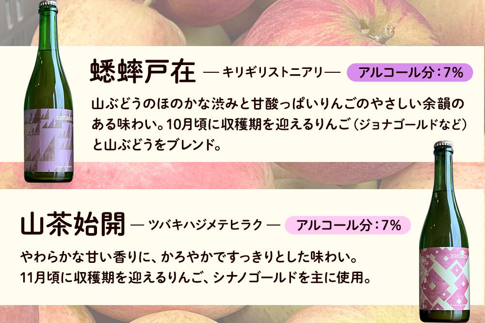 シードル zattana cidre 2本 セット（蟋蟀戸在＆山茶始開） [シードル スパークリングワイン セット ひろさき 果実 果物 りんご りんご酒 弘前 酒 青森 発泡ワイン おいしい 美味 林檎酒]