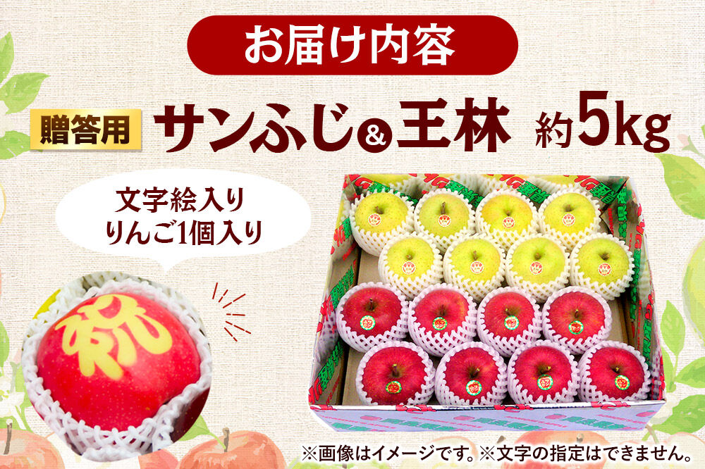 【26年12月発送】りんご 贈答用 サンふじ・王林＋文字絵入りりんご1個 約5kg [アップル おいしい お歳暮 お中元 ギフト ふじ プレゼント りんご 王林 黄色 果実 果物 赤色 贈り物 贈答用 美味 林檎]