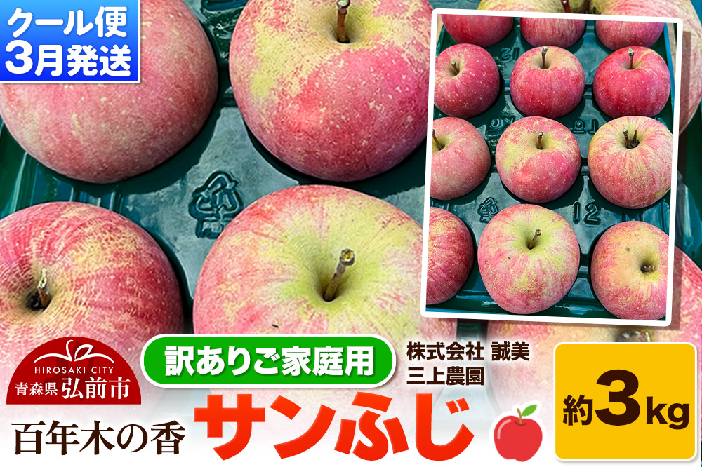 【26年3月クール便発送】りんご サンふじ 約3kg【訳あり】家庭用 百年木の香 三上農園