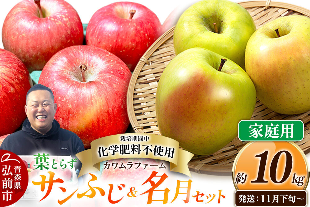 【26年11月下旬〜発送】りんご 葉とらず サンふじ＆名月 セット【家庭用】約10kg【先行受付】カワムラファーム 青森県 弘前市 果物 フルーツ 林檎 リンゴ くだもの 不揃い 規格外 [先行予約 産地直送 詰め合わせ アップル おいしい 果実 美味 甘い 赤色 黄色]